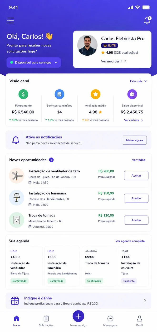 Aplicativo do Bora — painel do profissional com faturamento, avaliações e novas oportunidades